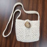 New Handmade Crochet Cream Cotton Granny Square Crossbody Mini Bag Lined Purse