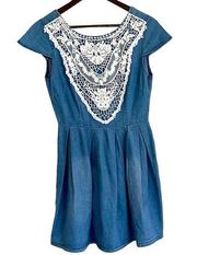 Clover + scout blue washed denim dress with crocheted embellishment women M