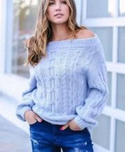 Military Hippie Light Blue Lilac Chunky Soft Off Shoulder Balloon Sleeve Sweater