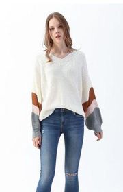 V-Neck Color Blocked Sleeves Knit Sweater in Ivory