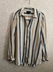 Tahari women's large long sleeve striped linen blend button down top