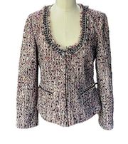 Boston Proper Sequin Zip Front Tweed Career Jacket Pink Fringe Chain  Size 6