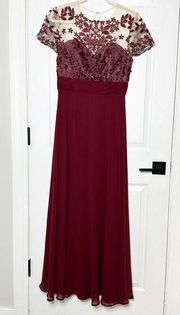 JS COLLECTION Burgundy Floral Embroidered Chiffon Gown Size 8 Wedding MOTB