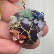 Tree Of Life chakra pendant crystal healing reiki heart amethyst gold tone chain