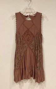 Altar’d State Brown Open Back Lace Overlay Shift Dress Size Large EUC