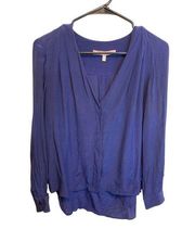 Hutch Long Sleeve V-Neck Button Up Silk Navy Blue Blouse Size Medium