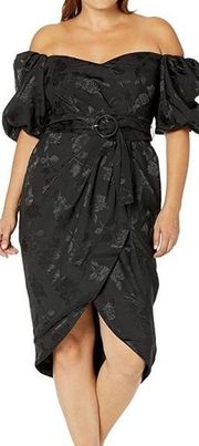 City Chic Black Floral Off Shoulder Wrap Plus Size Dress Jacquard Size 18