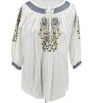 Multiples Plus SZ 1X Women's White Cotton Peasant Blouse Blue, Yellow Embroidery