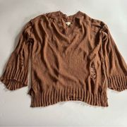 POL Distressed Festival Knit Sweater Oversized V-Neck Camel Brown Medium