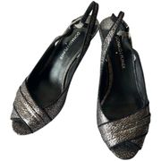 Donald Pliner Frill Metallic Crackle Pewter Slingback Peep Toe Heels 6.5 SIGNED