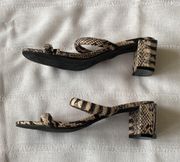 90s trendy block sandals in faux snakeskin pattern.