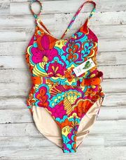 Away Belted One Piece Swimsuit Vibrant Abstract Floral Print Size XS