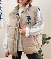 U.S. Polo Association Embroidered Logo Beige Oversized Quilted Puffer Vest