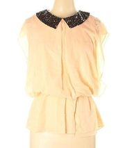 Blush Pink Blouse Peplum Peter Pan Collar Black Sequin Work Going Out Xsmall XS