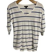 Nautica Shirt Womens Small 3/4 Sleeve White Blue Striped V Neck Sail Logo Top