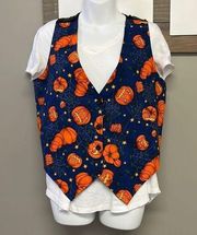 Basic Editions Vintage Halloween Pumpkin Spider Web Blue Button Up Vest w/ Bow