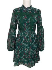 NWT Small Dark Green Floral Crochet Mini Skater Dress Long Balloon Puff Sleeve New