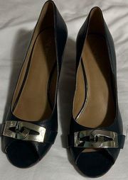 NINE WEST Women’s 9M Blue Leather Open Toe Wedge Heel Shoes/Buckle Detail