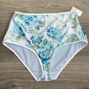 NWT AERIE High Waisted Full Coverage Bikini Bottom Size Medium Blue Floral Print