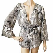 Silky Black & Tan Leaves Design Sheer Gold Threaded Romper ~ Women's Size MEDIUM