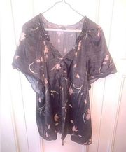 Wonderly Grey Floral s/s peasant top 2X