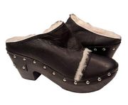 Shearling Studded Clog Black Leather Size 6.5