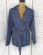 The Limited Tweed Fringe Hem Belted Blazer Jacket Blue Multi 6