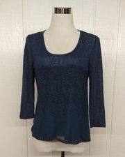 About A Girl - Sz Small - Sheer Overlay Embroidered Lace Blouse - Navy Blue