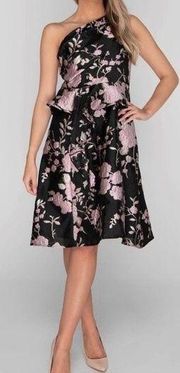 NWT Adrianna Papell One Shoulder Dress Black & Pink Floral Jacquard Size 6 NEW