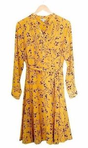 Nanette Lepore Dress Mustard Floral Belted Long Sleeve Midi Women’s Size Small