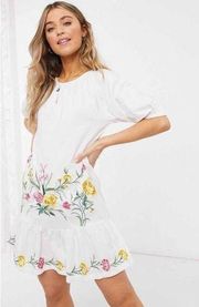 Floral Embroidered Ruffle Hem Mini Dress White 2 Puff Sleeve
