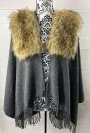 J.Crew Faux Fur Cape Womens One Size Fringe Wool Gray Barbiecore Vintage Y2K