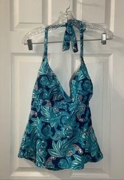 Basic Editions Blue/Teal Print Halter Tie Neck Tankini Top 14