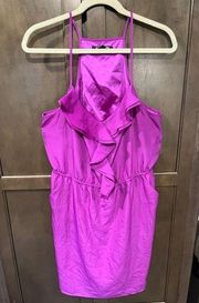 Gianni Bini Magenta Purple Ruffle Neck Strappy Square Back Dress sz L pull-on