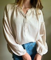 Promesa Ivory Gauze Crinkle Cotton Long Sleeve Top - Bubble Sleeves - Boho