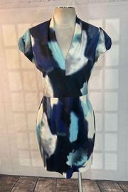Betsey Johnson blue tone abstract scuba feel cap sleeve sheath dress size 10