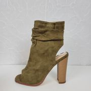 Liliana Anson Womens Boots Size 7.5 Olive Suede Peep Toe Ankle Cutout Block Heel