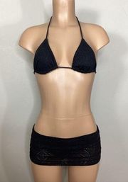 New. Black crochet lace skirted bikini. Small