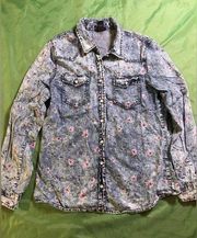 Women’s Button Down Denim and Floral Long Sleeve Blouse Size M