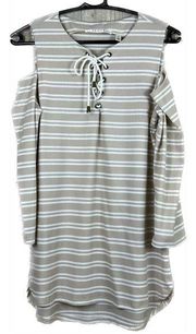 Cyrus Medium Tan & Cream Striped Ribbed Cold Shoulder Top w/Lace Up Front