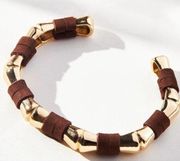 Anthropologie leather bamboo gold brass adjustable cuff bracelet nwt jewelry