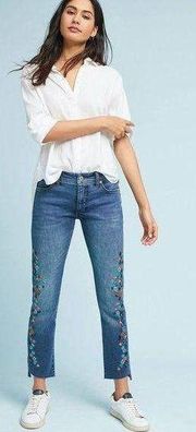 Anthropologie Pilcro Size 25 Embroidered Mid Rise Slim Straight Jeans Stretch