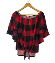 Pulse Red & Black Plaid Print Tie Knot Blouse with Statement Sleeves Size Small