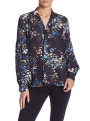 $248 Parker Long Sleeve Floral Print V-Neck Tie Top Blouse Black Women's Large