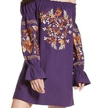 Free‎ People Fleur Du Jour Purple Embroidered Off Shoulder Dress Size XS G12