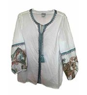 Chico's Size 2 (us 12/14) White Embroidered Peasant Top 100% Cotton