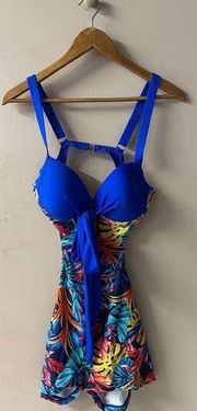 Blue Tropical Leaf Open-Back One Piece Swim Suit