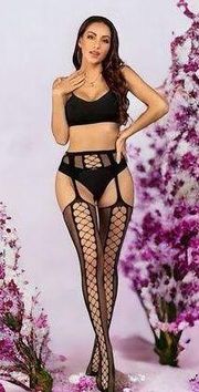 Black Sexy High Waist Mesh Suspender Pantyhose Cut Out Fishnet Tights One Size