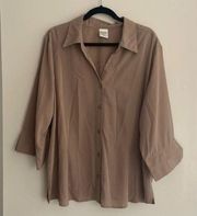 Blair Tan 1/2 Sleeve Collared V Neck Button Down Blouse Semi Sheer