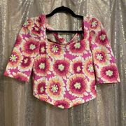 Free People  Give Me More Floral Puff Sleeve Pink Orange Cropped Top Med NWT